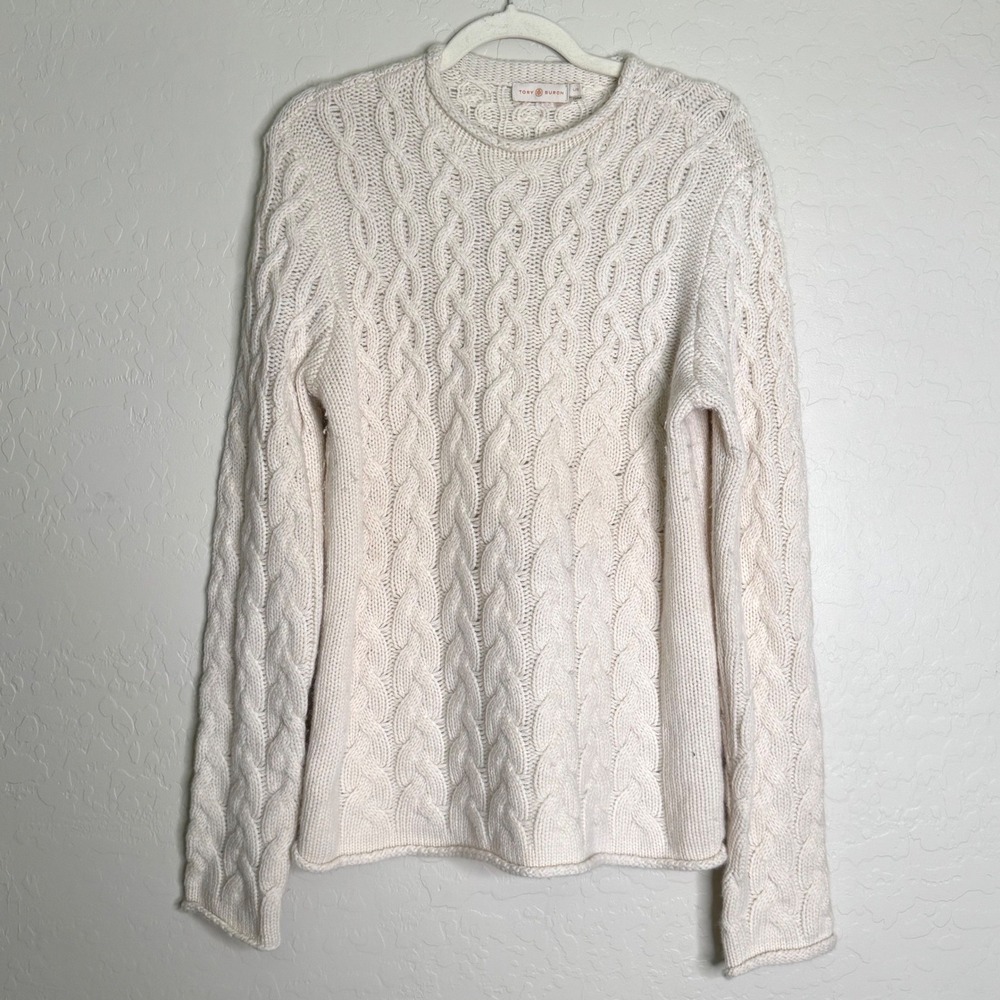 Tory Burch Womens 100% Cashmere Sweater L Cream Cable Knit Crewneck Cabincore